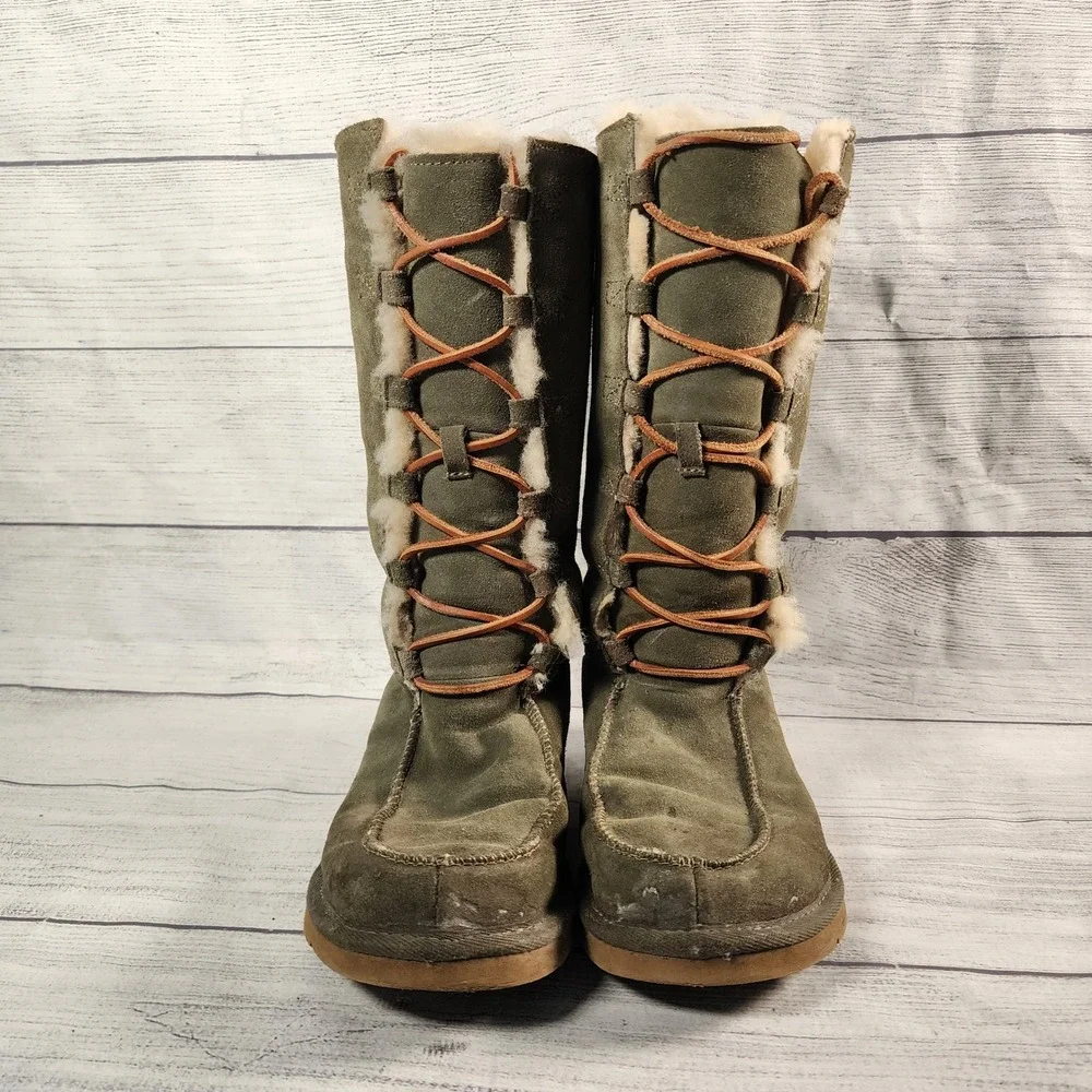 UGG Australia Whitley Womens 6 Tall Boots Olive Green Suede Shearling Trim